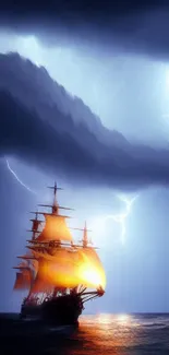 Majestic ship sails through stormy seas with lightning and dark clouds overhead.