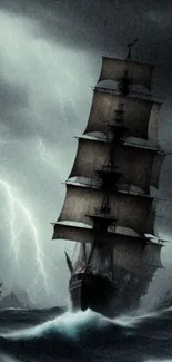 A ship navigates a stormy ocean with lightning overhead.