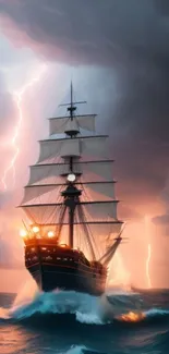 Ship in a storm with lightning and dark ocean waves