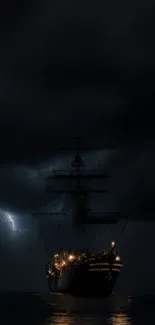 Majestic ship illuminated in a stormy night scene.