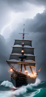 Dramatic image of a sailing ship battling stormy seas under dark clouds.