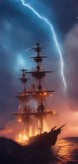 Ship in storm with lightning under dramatic night sky.