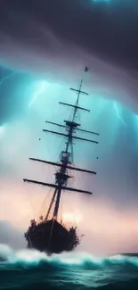 Majestic ship sailing in stormy sea with lightning in the sky.