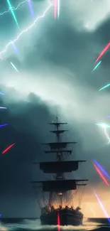 Ship sailing through a stormy ocean with dramatic lightning.