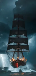 Sailing ship in a stormy ocean, lit by lightning.