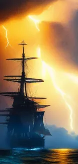 Ship in a storm with lightning over a dark ocean, vibrant and dramatic mobile wallpaper.