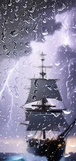 Ship at sea in stormy weather with lightning in the background.