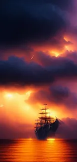 Ship sailing under stormy skies with vibrant sunset and lightning.