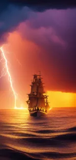 Ship sails under a stormy sky with lightning at sunset.