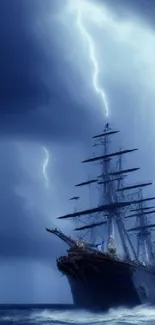 Dramatic scene of a ship navigating through a stormy ocean with lightning striking above.