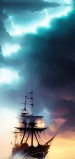 A ship sails under stormy skies with lightning and dramatic clouds.