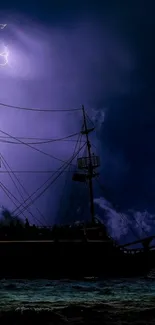 Silhouette of a ship against a stormy, lightning-filled night sky.