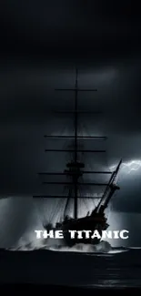 Ship in a stormy sea with lightning in the background.