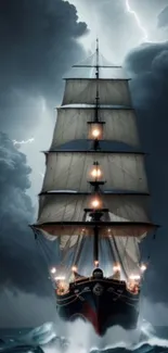 Tall ship amidst stormy seas and dark clouds, creating a dramatic scene.