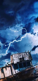 Abandoned ship under a stormy, lightning-filled night sky.