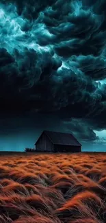 A barn under dramatic storm clouds in a wheat field, perfect for a phone wallpaper.