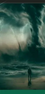 Stormy sky with lightning above ocean and lone figure.