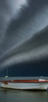 A lone boat under dramatic storm clouds on the sea.