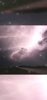 Dramatic lightning storm over a night sky with clouds.