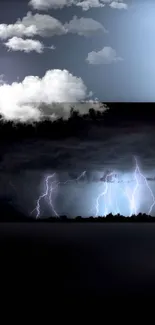 Dark stormy sky with vivid lightning and moody clouds over a silhouette.