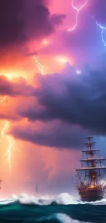 Epic ships sail through a vibrant, stormy sky with lightning and ocean waves.