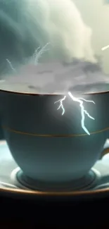 Teacup with storm clouds and lightning art.