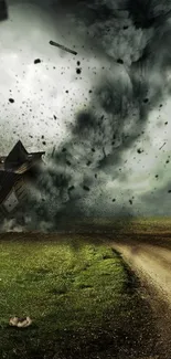 Intense tornado sweeping through a rural area with dark storm clouds.