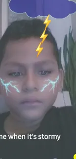 Young person with stormy lightning face filter.