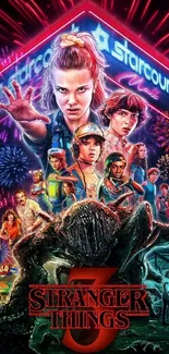 Stranger Things Season 3 vibrant wallpaper with characters and fireworks.