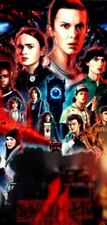 Vibrant Stranger Things characters in a dynamic collage wallpaper.