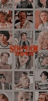 A Stranger Things wallpaper featuring a character collage in retro tones.