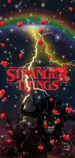 Dark Stranger Things wallpaper with a rainbow, hearts, and lightning.