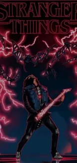 Stranger Things rock art with neon bats and electric guitar.