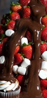 A pile of strawberries drizzled with chocolate and surrounded by marshmallows.
