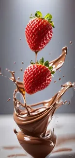 Strawberries splashing in chocolate with a dynamic and appetizing splash effect.