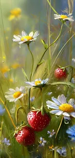 Vibrant strawberries and daisies in meadow.