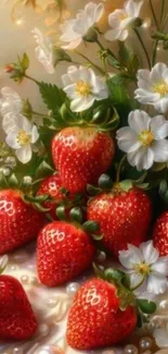 Strawberries with white flowers wallpaper