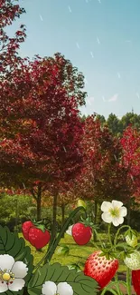 Autumn scenery with red trees and strawberries in foreground.