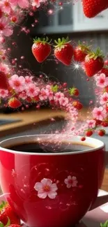 Strawberries and blossoms swirling around a red coffee cup.