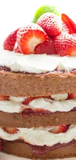Layered strawberry cake with cream, topped with fresh strawberries.