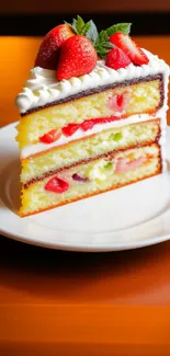 A slice of strawberry cream cake on a white plate with fresh berries.