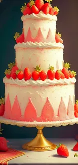 Three-tiered strawberry cake with creamy frosting on a golden stand.