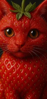 Whimsical red strawberry cat on mobile wallpaper.