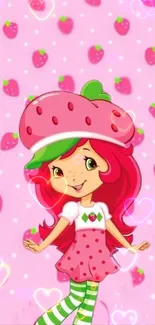 Mobile wallpaper featuring a cute strawberry cartoon character on a pink background.