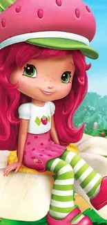 Cute strawberry-themed cartoon girl sitting on a flower.