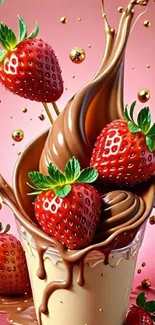 Luscious chocolate swirl with strawberries on pink background.