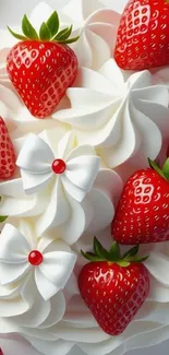 Strawberries and cream cake wallpaper with decorative swirls.