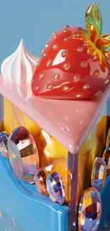 3D strawberry cake art with colorful gems