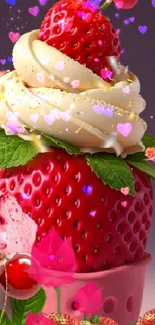 Red strawberry dessert with cream topping on mobile wallpaper.