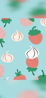 Playful strawberry and fruit design on a pastel blue background.